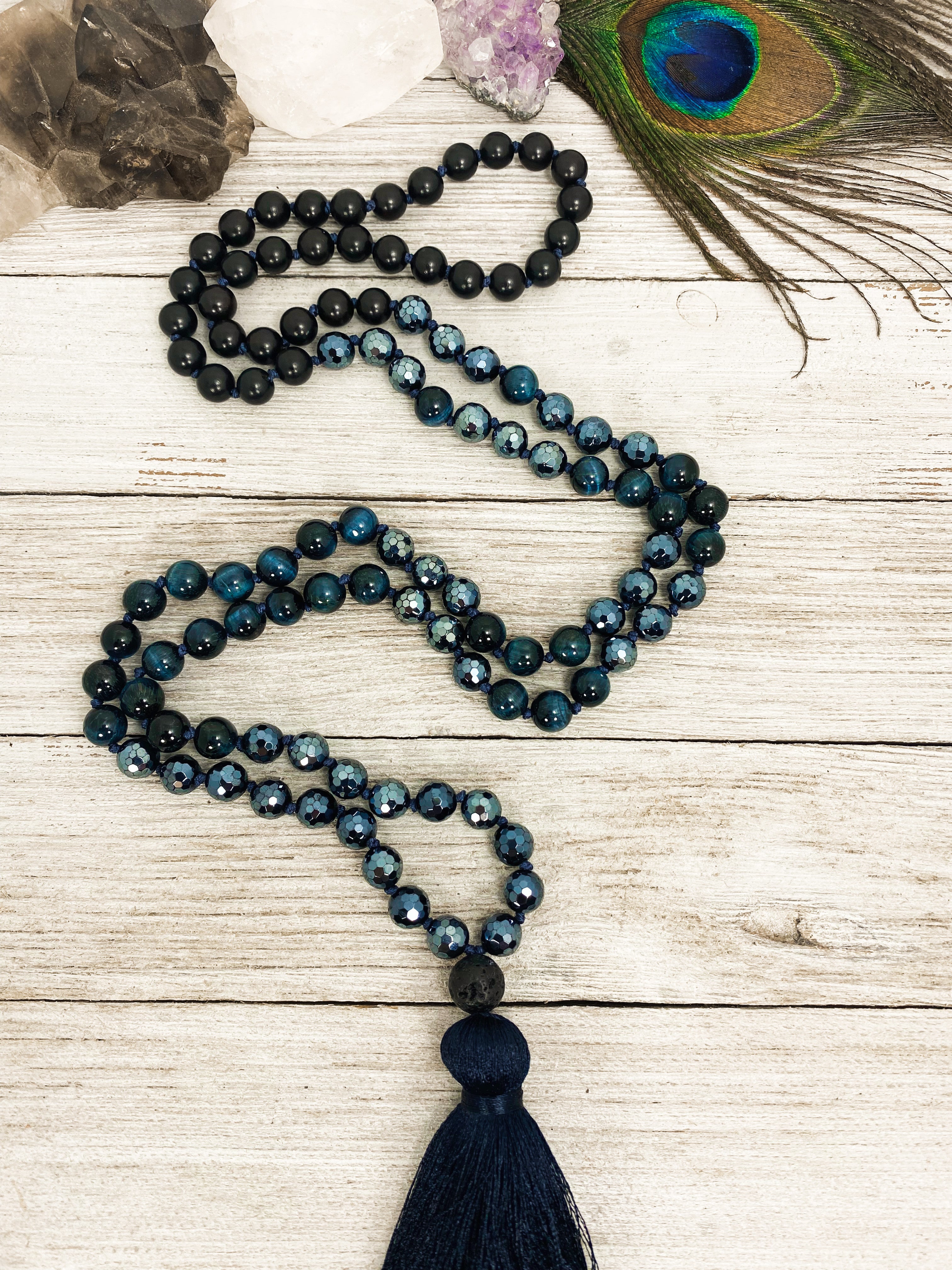 Blue Tiger's Eye & Onyx Mala with Sandalwood - 108 Sacred Prayer Beads