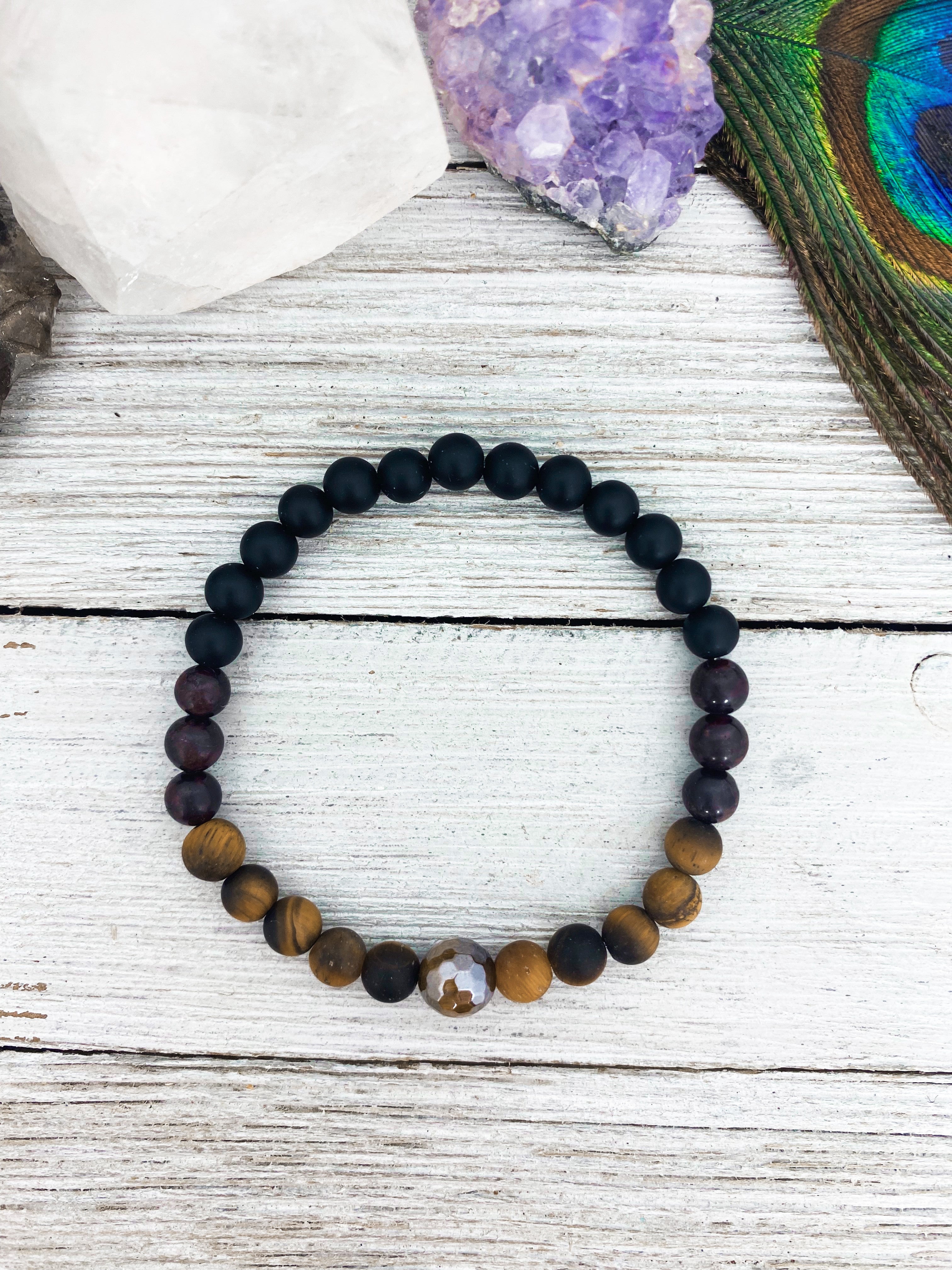 Strength Bracelet - Garnet, Onyx & Tiger's Eye