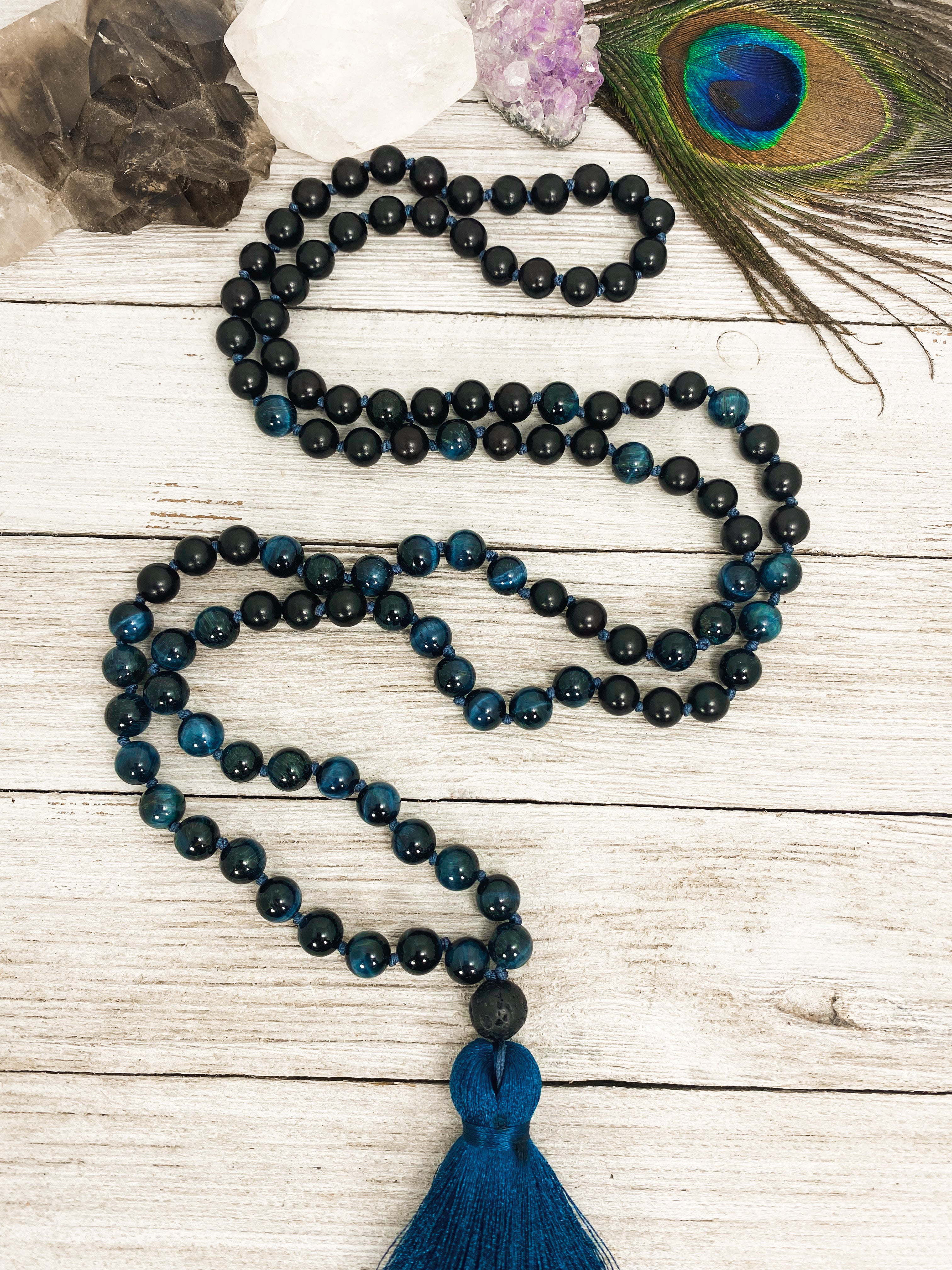Blue Tiger's Eye & Sandalwood Mala - 108 Sacred Prayer Beads - vallasmalas