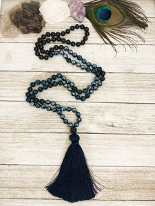 Blue Tiger's Eye & Onyx Mala with Sandalwood - 108 Sacred Prayer Beads