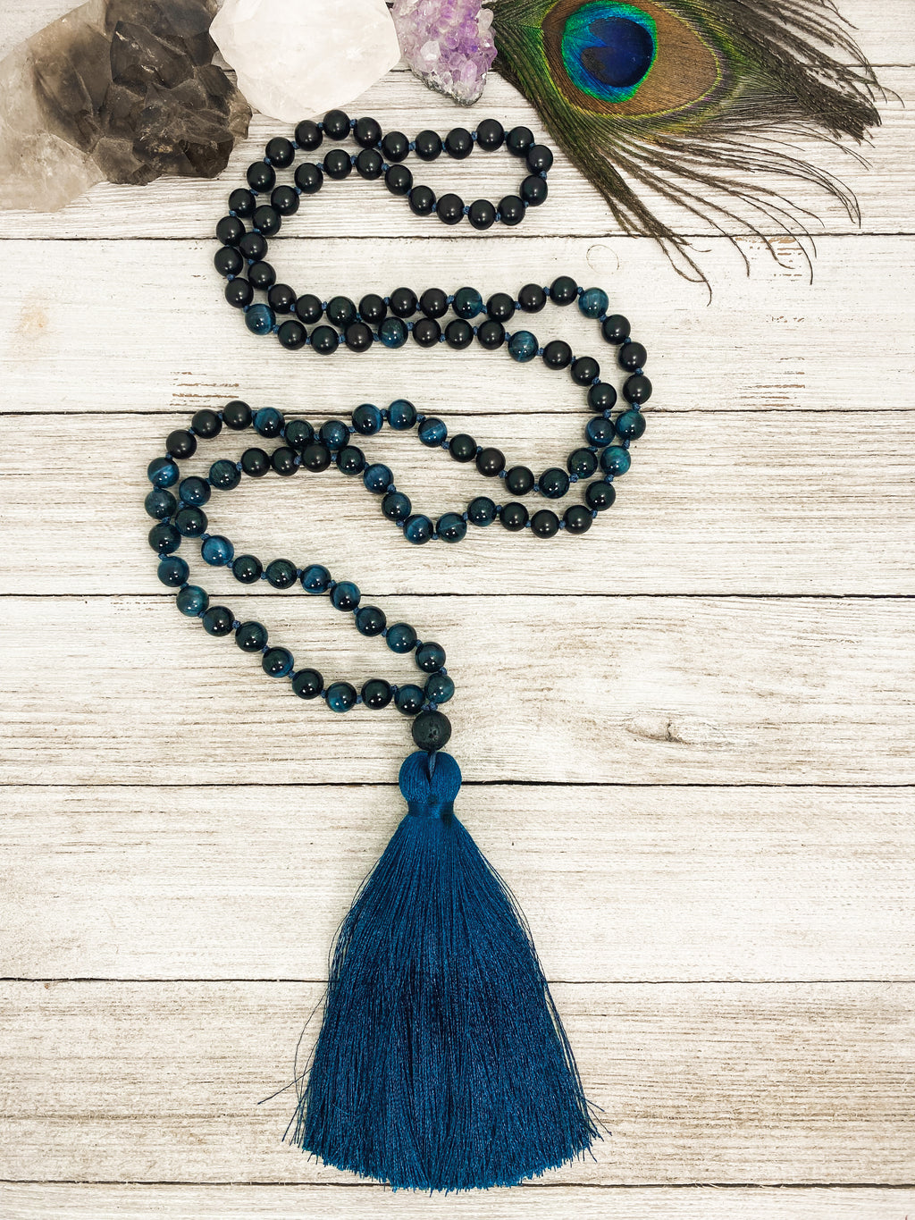 Blue Tiger's Eye & Sandalwood Mala - 108 Sacred Prayer Beads - vallasmalas